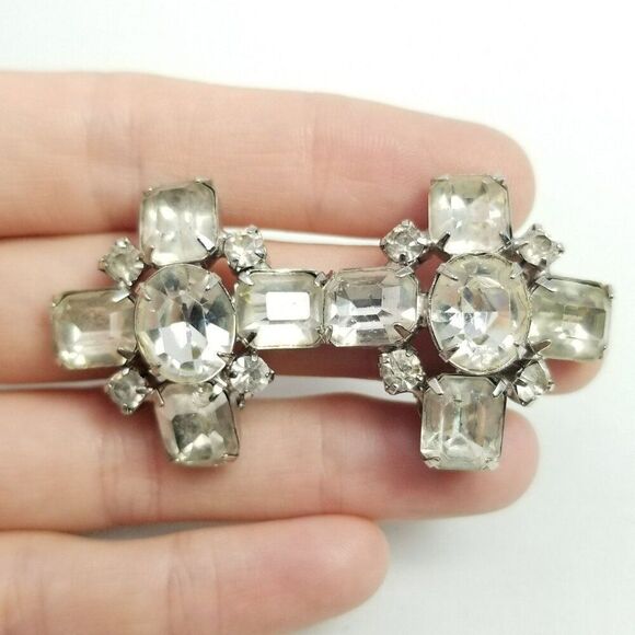 Vintage Rhinestone Cluster Clip On Earrings, Silver Tone Prong Set Mixed Shapes - Picture 6 of 6